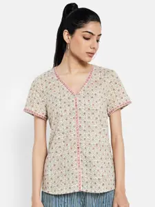 Fabindia White & Pink Printed Cotton Cambric Shirt Style Top