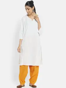 Fabindia Women White & Orange Embroidered Cotton Kurta