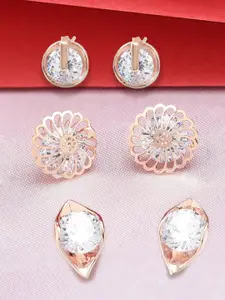 Zaveri Pearls Set of 3 Rose Gold-Plated Studs