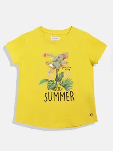 Gini and Jony Girls Yellow & Green Printed Pure Cotton T-shirt