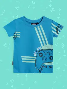 Gini and Jony Infant Boys Blue & Sea Green Brand Logo Print Pure Cotton T-shirt