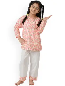 frangipani Girls White & Pink Printed Pure Cotton Night suits