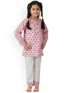 frangipani Kids Girls Pink & White Graphic Printed Pure Cotton Night Suit