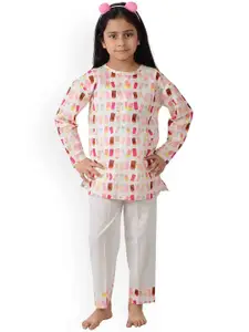 frangipani Girls Pink & White Abstract Printed Pure Cotton Night suits