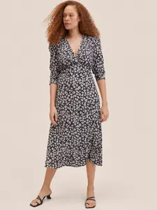 MANGO Black & Lavender Floral Printed Midi Dress