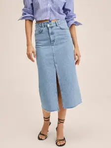 MANGO Blue Solid Straight Midi Denim Skirt