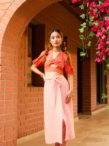 MANGO Coral Pink Solid A-line Midi Skirt