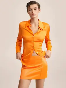 MANGO Orange Solid Faux Leather Straight Mini Skirt