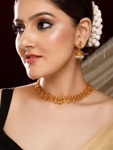 Rubans 22K Gold-Plated Ruby Red & Emerald Green Studded Temple Necklace Jewelry Set