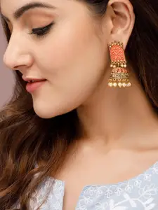 Rubans Gold-Toned & Red Enamelled Dome Shaped Jhumkas