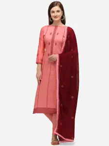 mf Women Pink & Maroon Embroidered Unstitched Dress Material