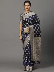 Mitera Navy Blue & Silver-Toned  Woven Design Silk Blend Banarasi Saree