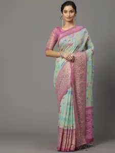 Mitera Sea Green & Purple Floral Silk Blend Banarasi Saree