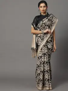 Mitera Black & Beige Ethnic Motifs Art Silk Bhagalpuri Saree