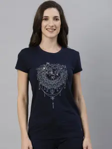 Enamor Women Navy Blue Graphic Printed Slim Fit Cotton T-shirt