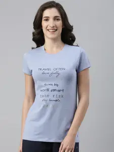 Enamor Women Blue Typography Printed Slim Fit Cotton T-shirt