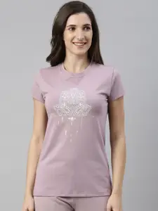 Enamor Women Purple Printed Slim Fit Cotton T-shirt