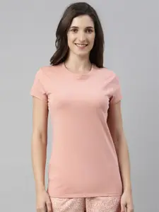 Enamor Women Peach Solid Slim Fit Cotton T-shirt
