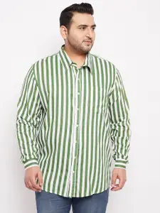 bigbanana Men Plus Size Green & White Striped Cotton Casual Shirt