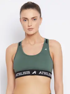 ATHLISIS Olive Green & White Non-Wired Lightly Padded Gym Or Training Workout Bra