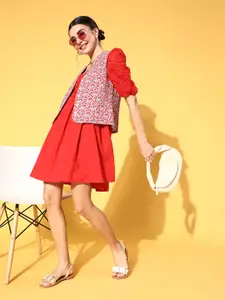 Athena Red Solid Puff-Sleeve Fit and Flare Dress