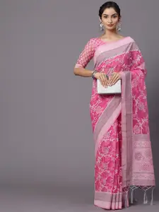 Mitera Pink & White Floral Brasso Chanderi Saree