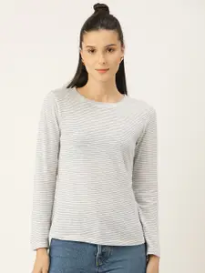 PIRKO Women Grey Striped Cotton T-shirt