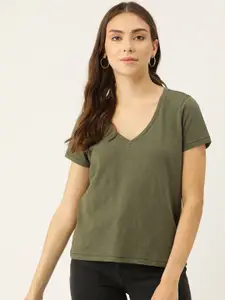 PIRKO Women Olive Green Solid Cotton V-Neck T-shirt