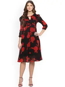 Harpa Women Black & Red Floral Print A-Line Dress