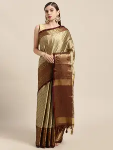 VASTRANAND Cream-Coloured & Brown Woven Design Zari Silk Blend Banarasi Saree