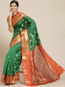 Mitera Red & Green Ethnic Motifs Silk Blend Banarasi Saree
