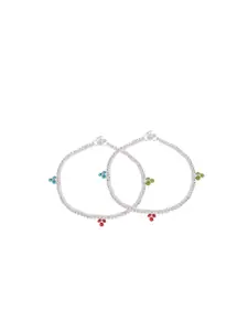 Silvermerc Designs Set Of 2 Silver-Plated Red & Blue CZ-Studded Anklets