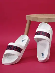 U.S. Polo Assn. Men White & Brown Brand Logo Printed Sliders