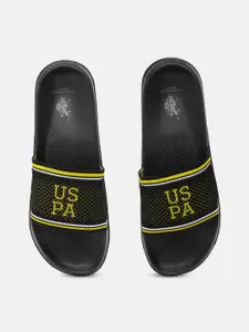 U.S. Polo Assn. Men Black & Yellow Brand Logo Printed Sliders