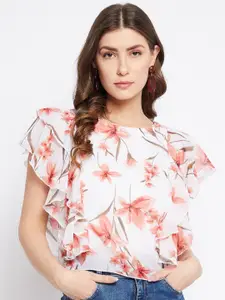Bitterlime White Floral Print Georgette Top
