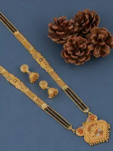 Brandsoon Gold-Plated & Black Beaded Mangalsutra With Earrings