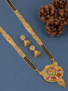 Brandsoon Women Gold-Plated Black Beaded Mangalsutra With Earrings