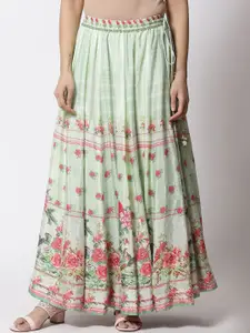 Biba Women Green & Peach Floral Printed Flared Maxi-Skirts