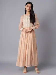 WISHFUL Pink & Cream-Coloured Ethnic Motifs Ethnic Maxi Dress