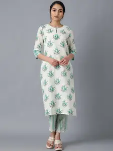 W Women Green & Cream-Coloured Ethnic Motifs Printed Cotton Keyhole Neck Kurta