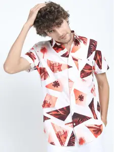 HIGHLANDER Men Off White & Orange Slim Fit Printed Casual Shirt