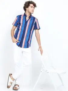 HIGHLANDER Men Blue & Peach-Coloured Slim Fit Multi Stripes Striped Cotton Casual Shirt