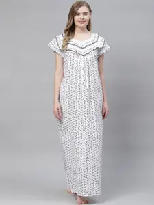 Vemante Women White Pure Cotton Floral Printed Maxi Nightdress