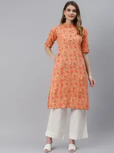 Divena Women Peach-Coloured  Floral Printed Pure Cotton Kurta