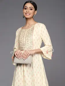Indo Era Women Off White & Peach-Coloured Cotton Ethnic Motifs Print A-Line Maxi Dress