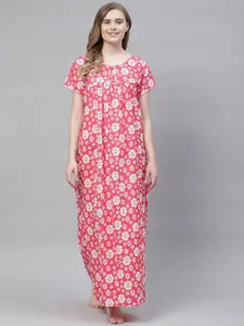 Vemante Women Red Pure Cotton Floral Printed Maxi Nightdress