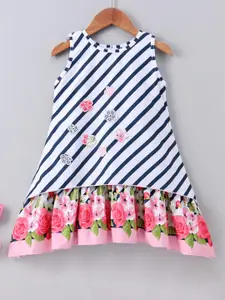 Enfance Girls Peach-Coloured & Blue Floral Printed Cotton A-Line Dress