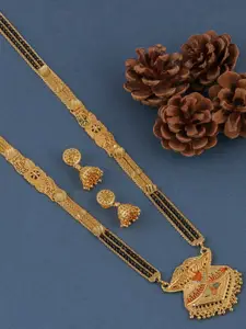 Brandsoon Gold-Plated & Black Beaded Mangalsutra With Earrings