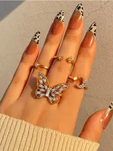 Jewels Galaxy Set Of 5 Gold-Plated White Stone-Studded Butterfly Finger Ring