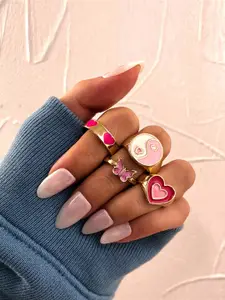 Jewels Galaxy Set Of 4 Gold-Plated Pink & White Enamelled Finger Rings